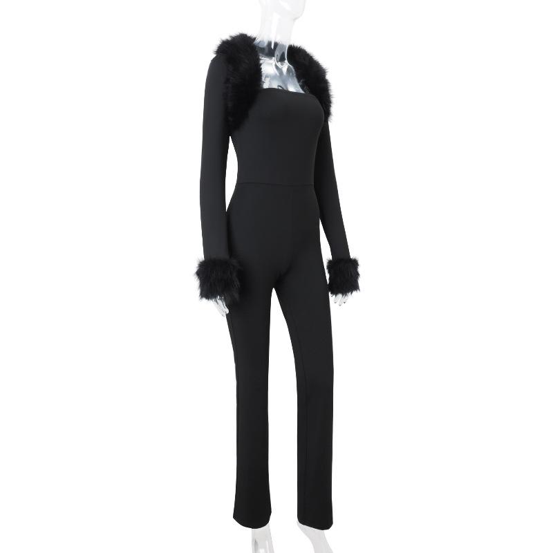 Long sleeve fluffy shrug 2 piece tube jumpsuit