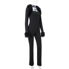 Long sleeve fluffy shrug 2 piece tube jumpsuit