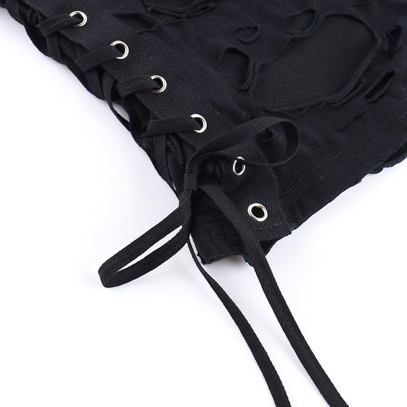 Crewneck fishnet buckle hollow out lace up tank cut out top