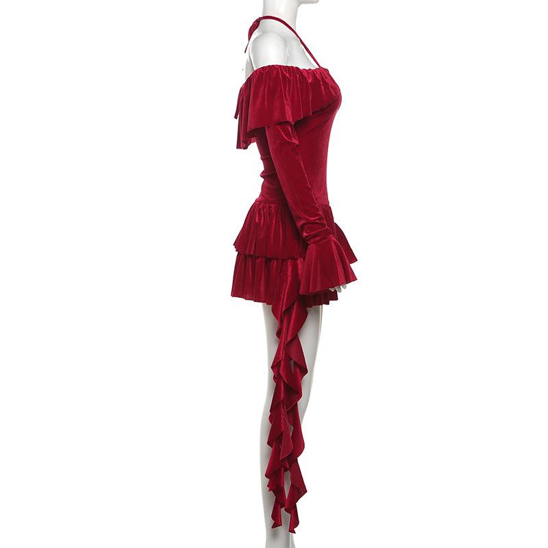Halter long sleeve off shoulder velvet mini dress