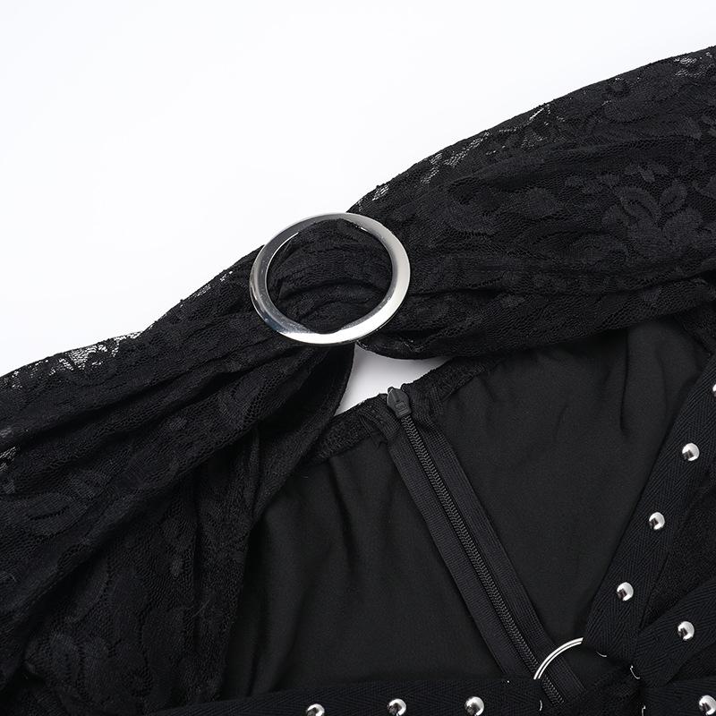 Off shoulder long sleeve o ring lace hollow out mini dress