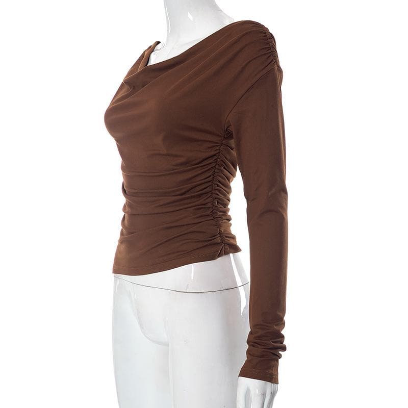 Cowl neck long sleeve solid off shoulder ruched top