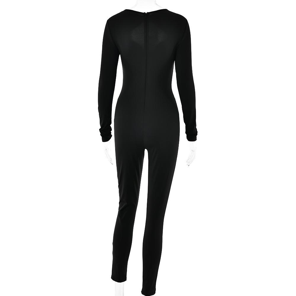 Long sleeve hollow out ruched solid jumpsuit
