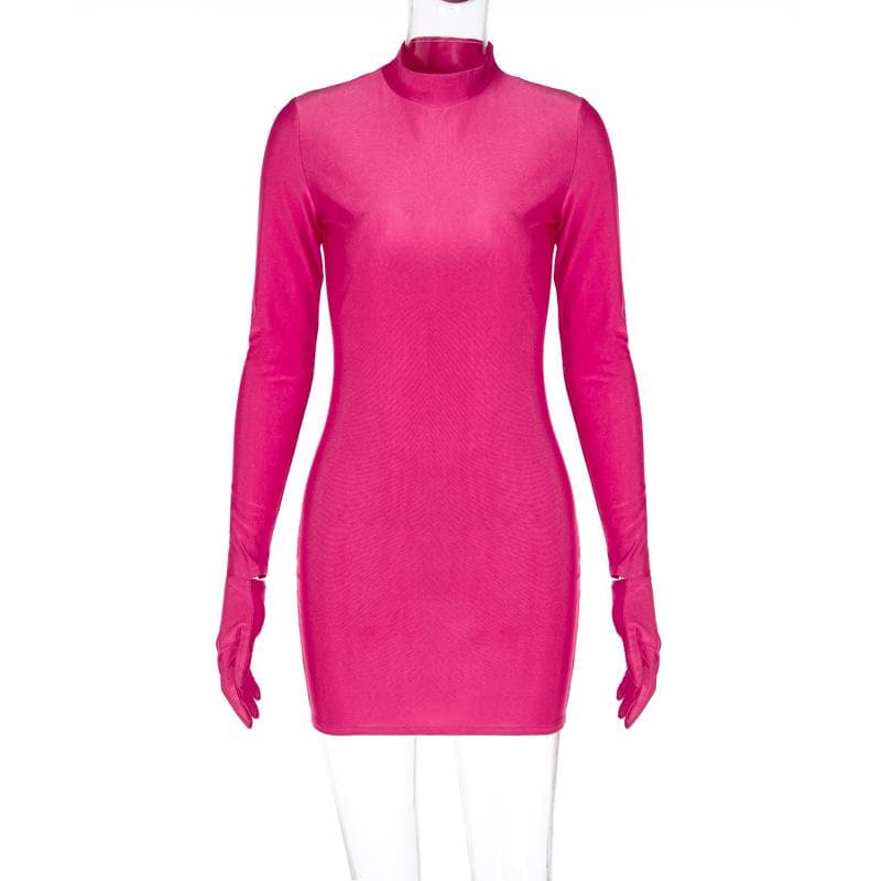 High neck long sleeve gloves solid mini dress  | red tango dress
