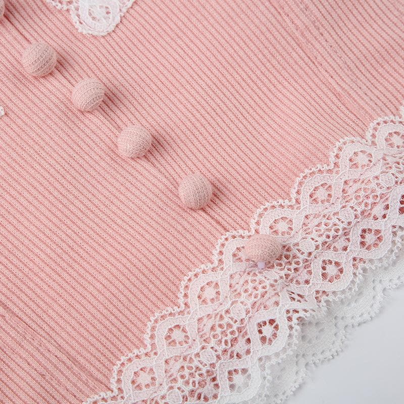 Lace up lace hem ribbed button stitch cami top