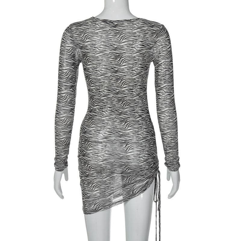Zebra print hollow out irregular long sleeve sheer mesh see through mini dress  | samba dress
