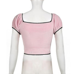 Short puff sleeve bowknot ribbon velvet top