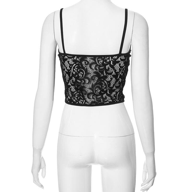 Lace up see through lace backless cami top