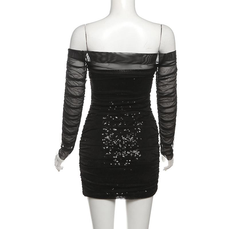 Off shoulder glitter long sleeve mesh ruched mini dress