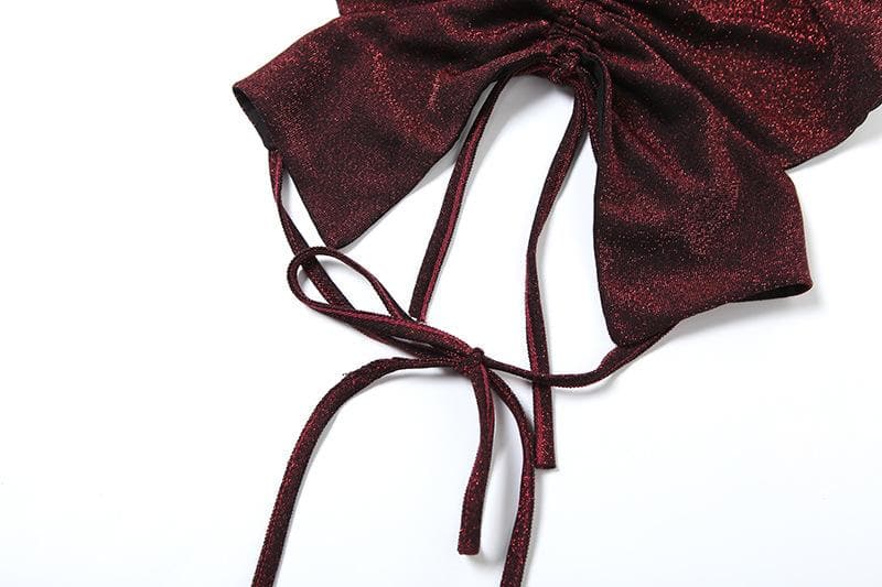 Halter ruched drawstring glitter cami top