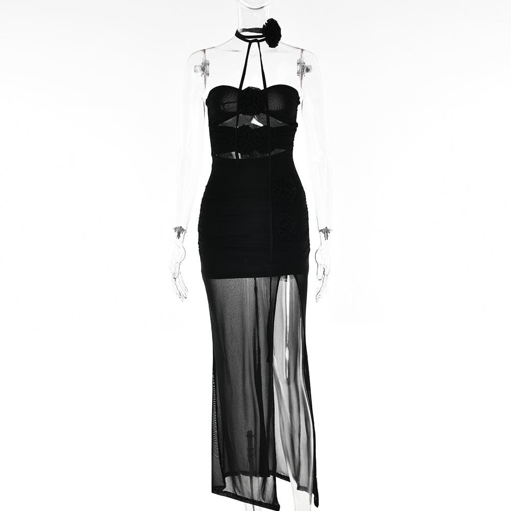 Flower applique sheer mesh hollow out solid backless zip-up slit tube midi dress  | samba dress