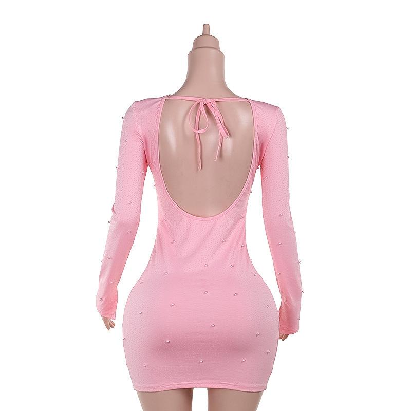 Crewneck long sleeve beaded backless mini dress