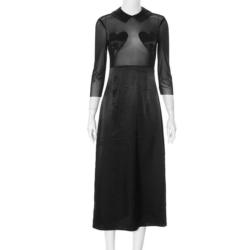 Turnover collar long sleeve sweetheart pattern mesh maxi dress