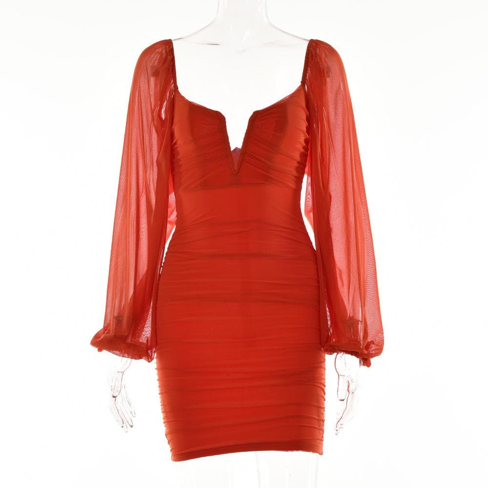 Mesh solid long sleeve ruched notch neck zip-up mini dress  | red tango dress