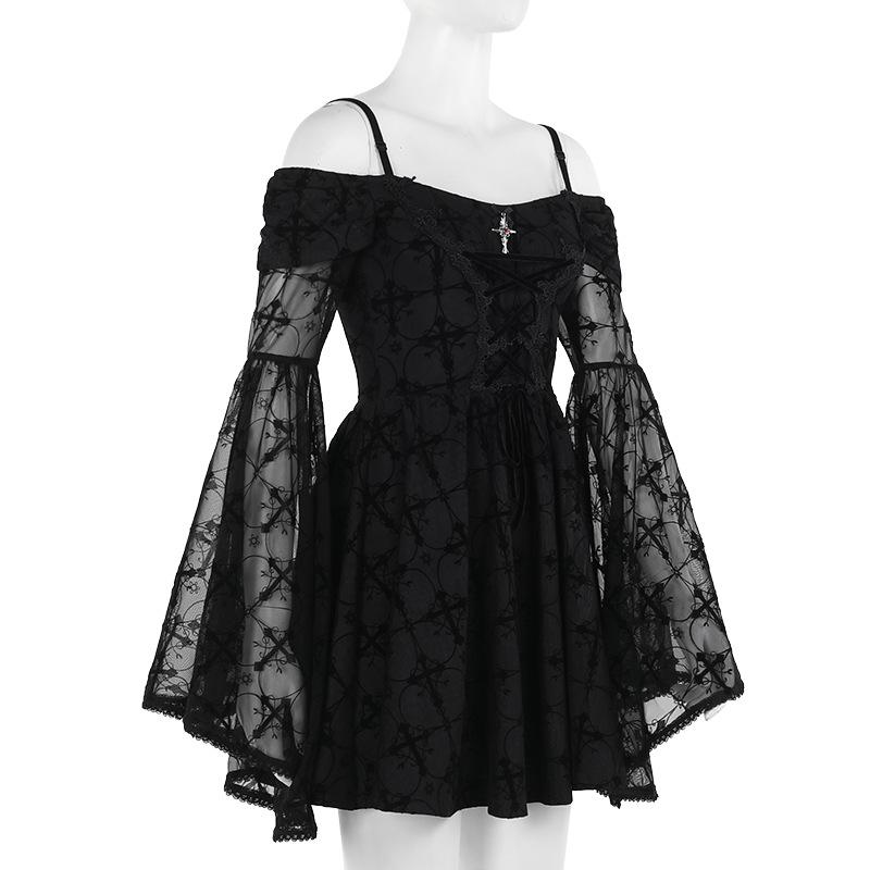 Long flared sleeve off shoulder cross applique mini dress  | black rave dress