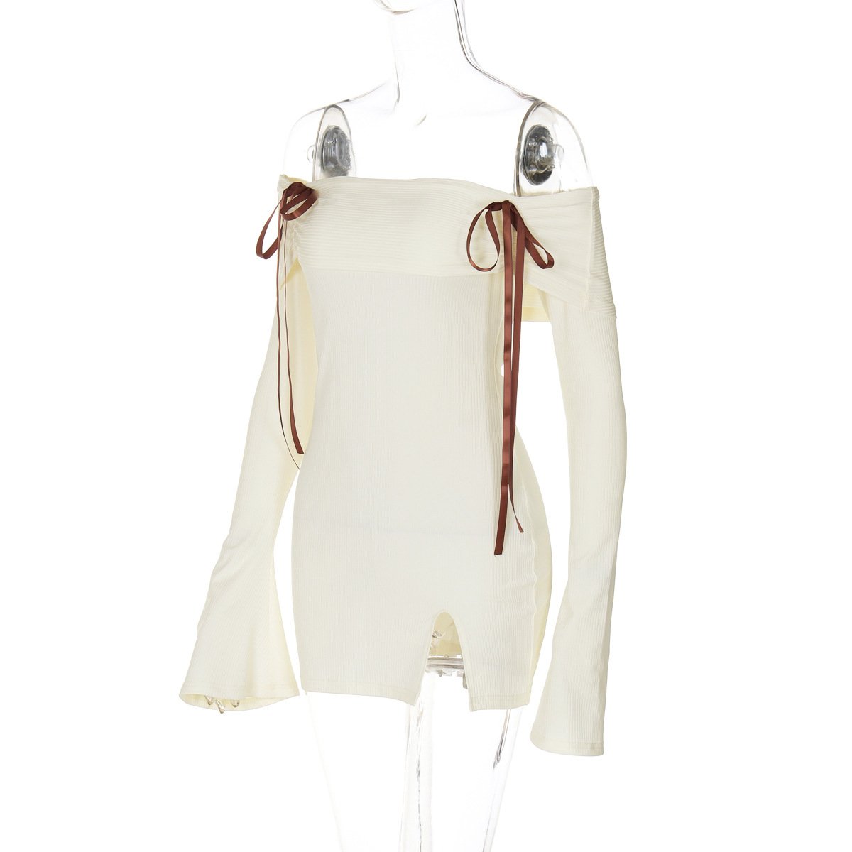 Off shoulder long flared sleeve bowknot ribbed mini dress