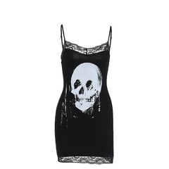 Skull print lace hem cami mini dress