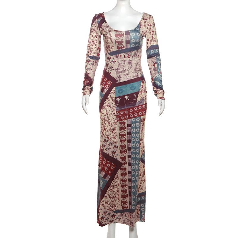 Long sleeve abstract print maxi dress