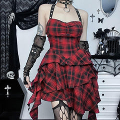 Zip-up halter contrast irregular plaid backless mini dress  | red tango dress