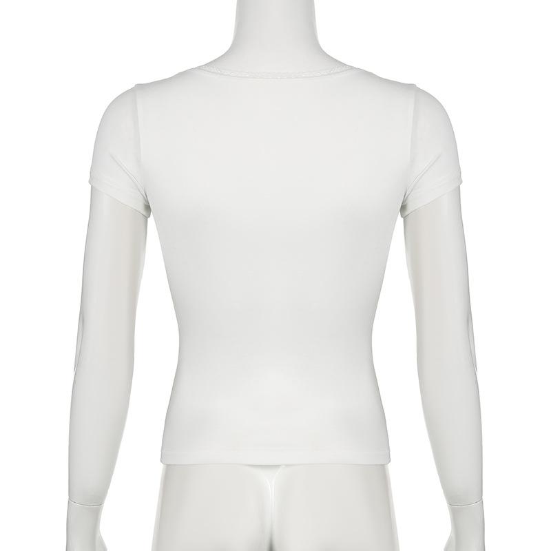 Short sleeve v neck lace hem solid top
