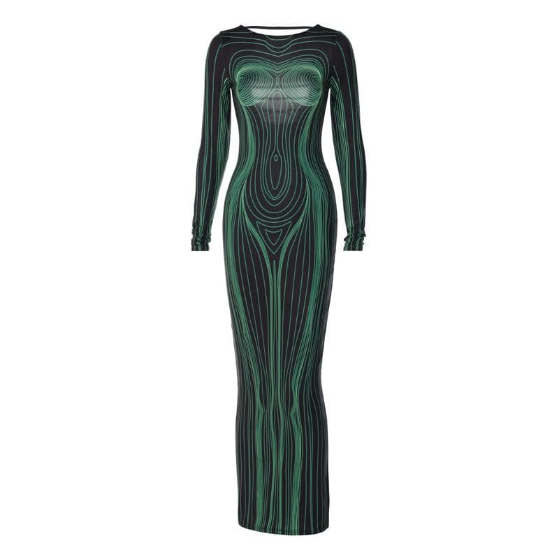 Long sleeve round neck contrast abstract print maxi dress