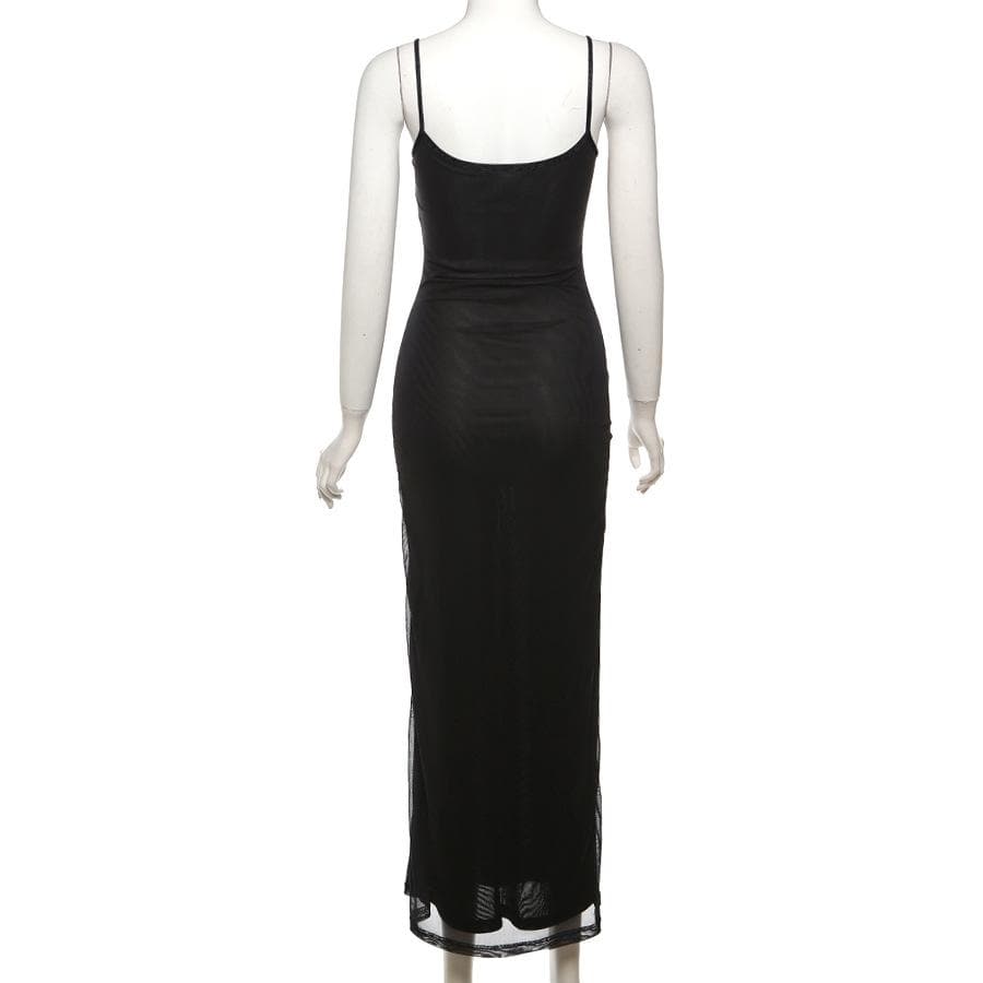 U neck backless rose print mesh cami maxi dress