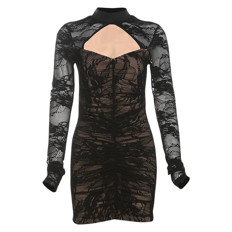 High neck long sleeve lace hollow out mini dress