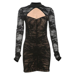 High neck long sleeve lace hollow out mini dress