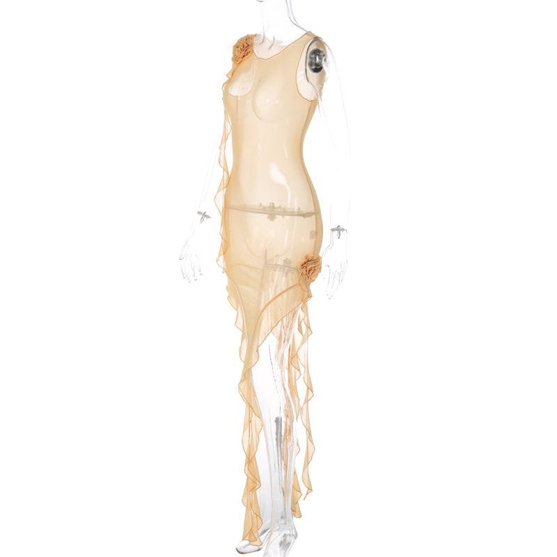 Ruffle sheer mesh see through flower applique ribbon sleeveless midi dress  | red tango dress  | samba dress