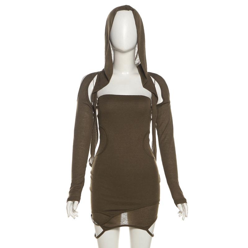 Hoodie long sleeve hollow out shrug mini skirt set