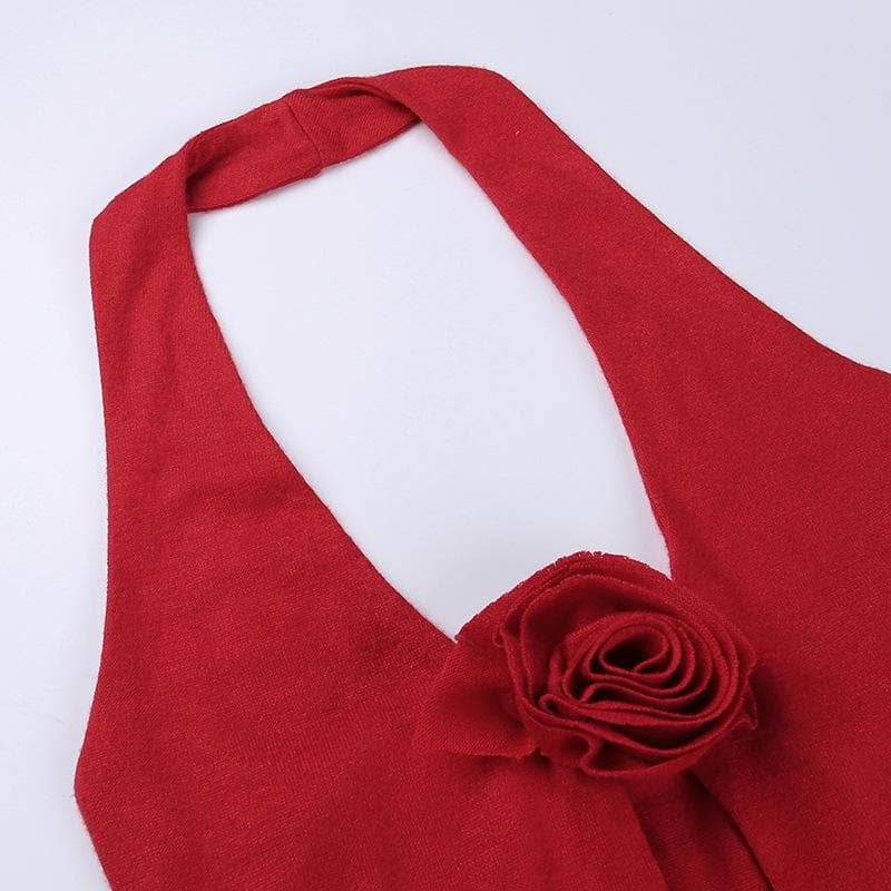 Flower applique halter U neck solid backless slit crop top