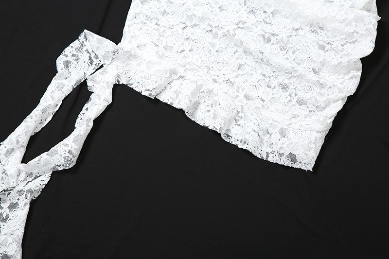 Lace see through one shoulder ruffle knotted ruched mini dress
