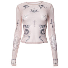 Long sleeve angel print sheer mesh crewneck top