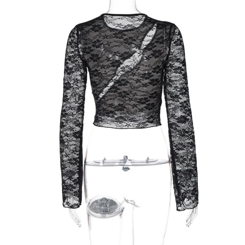 Long sleeve hollow out see through lace crop cut out top