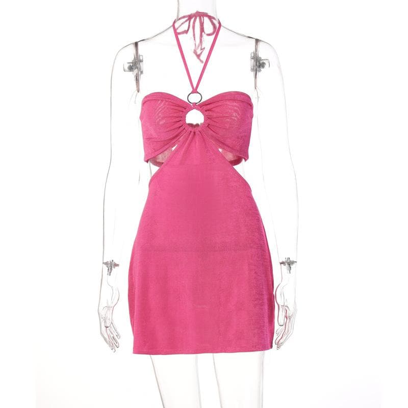 Hollow out solid o ring halter self tie backless mini dress  | red tango dress