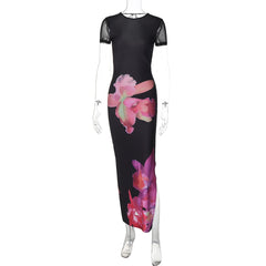 Short sleeve print slit backless maxi dress