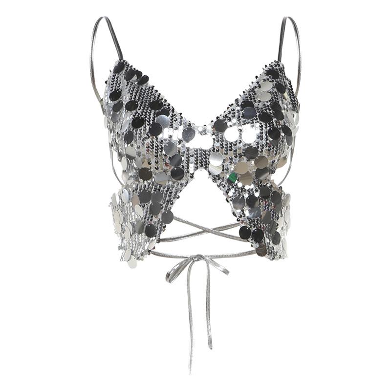 Butterfly pattern glitter lace up cami top