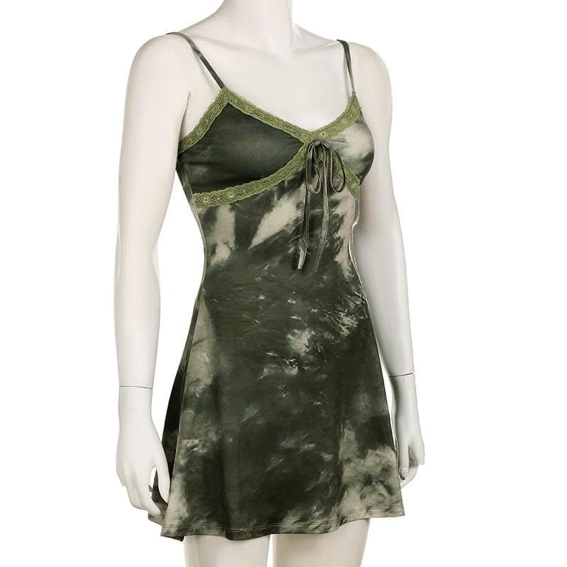 Tie dye lace hem bowknot v neck cami mini dress