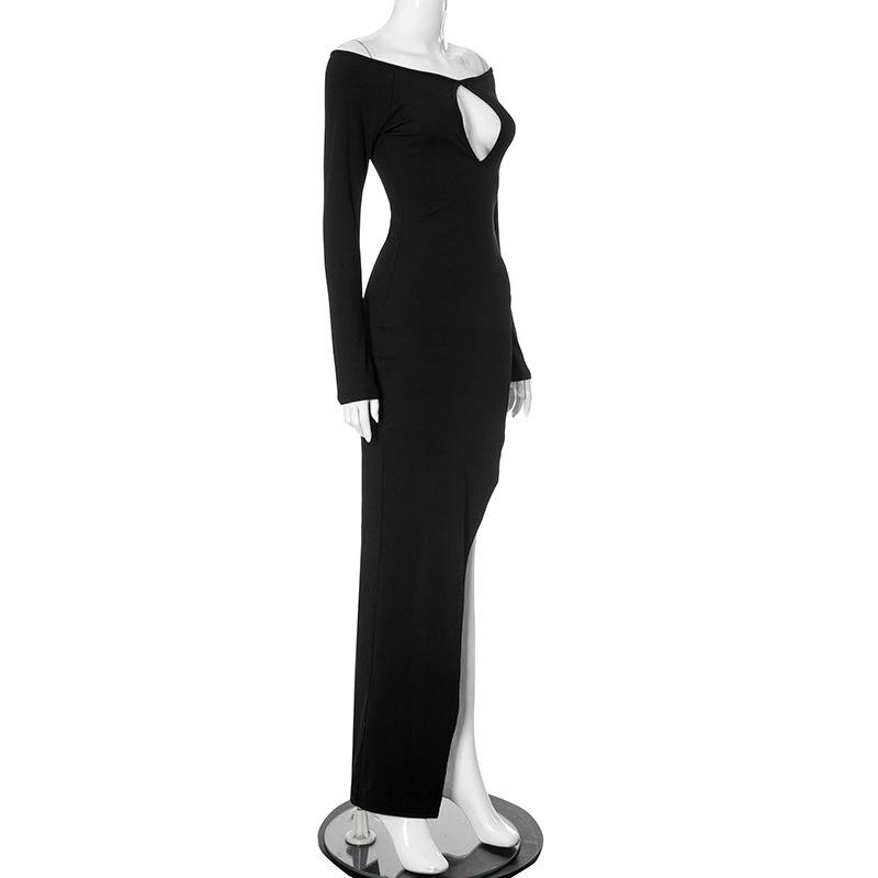 Off shoulder long sleeve hollow out slit maxi dress