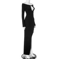 Off shoulder long sleeve hollow out slit maxi dress