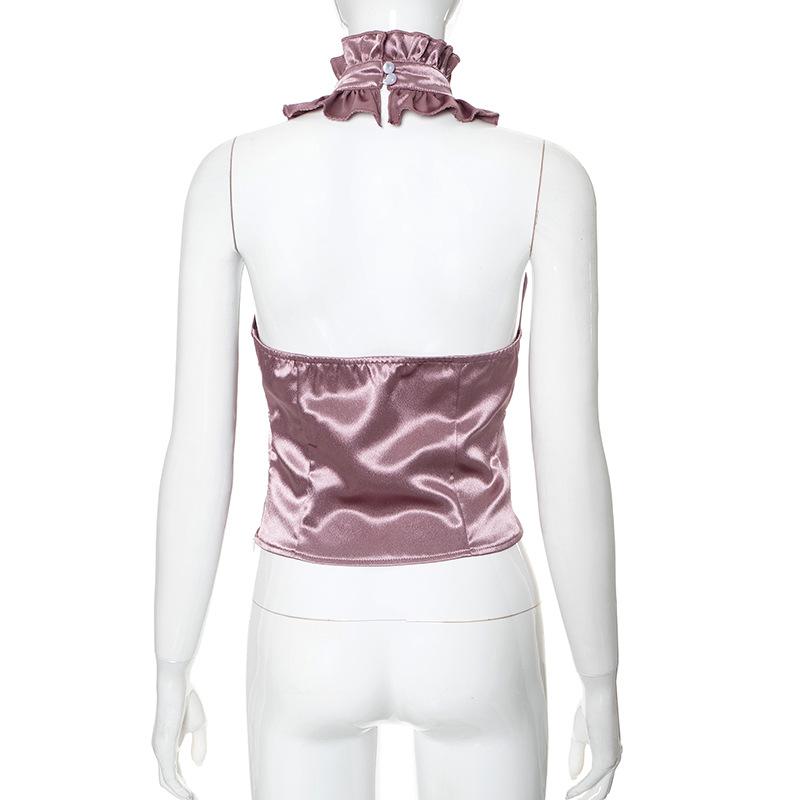 Halter ruffle ruched satin backless top