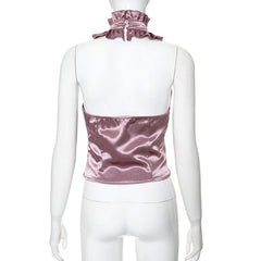 Halter ruffle ruched satin backless top