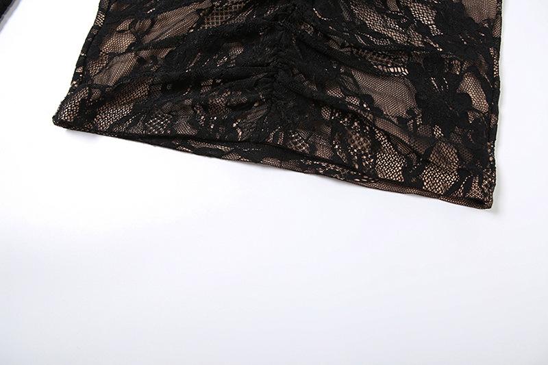 High neck long sleeve lace hollow out mini dress