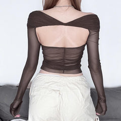 Long sleeve off shoulder lace up hollow out sheer mesh top