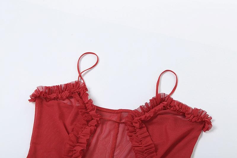 Ruched ruffle slit sheer mesh hollow out cami mini dress  | red tango dress  | samba dress