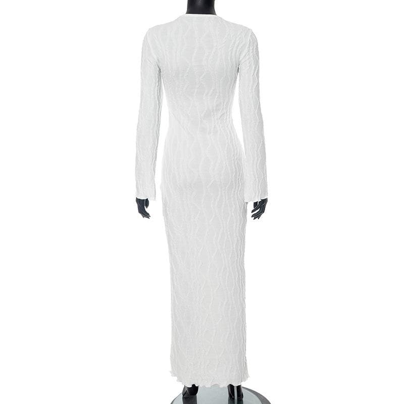 Long sleeve crewneck textured ruffle maxi dress