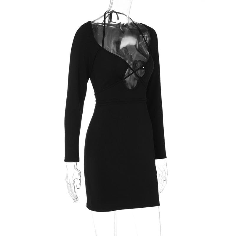 Cross front self tie halter solid long sleeve notch neck mini dress  | black rave dress  | black rave dress