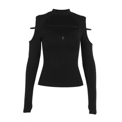 High neck long sleeve hollow out cross metal top