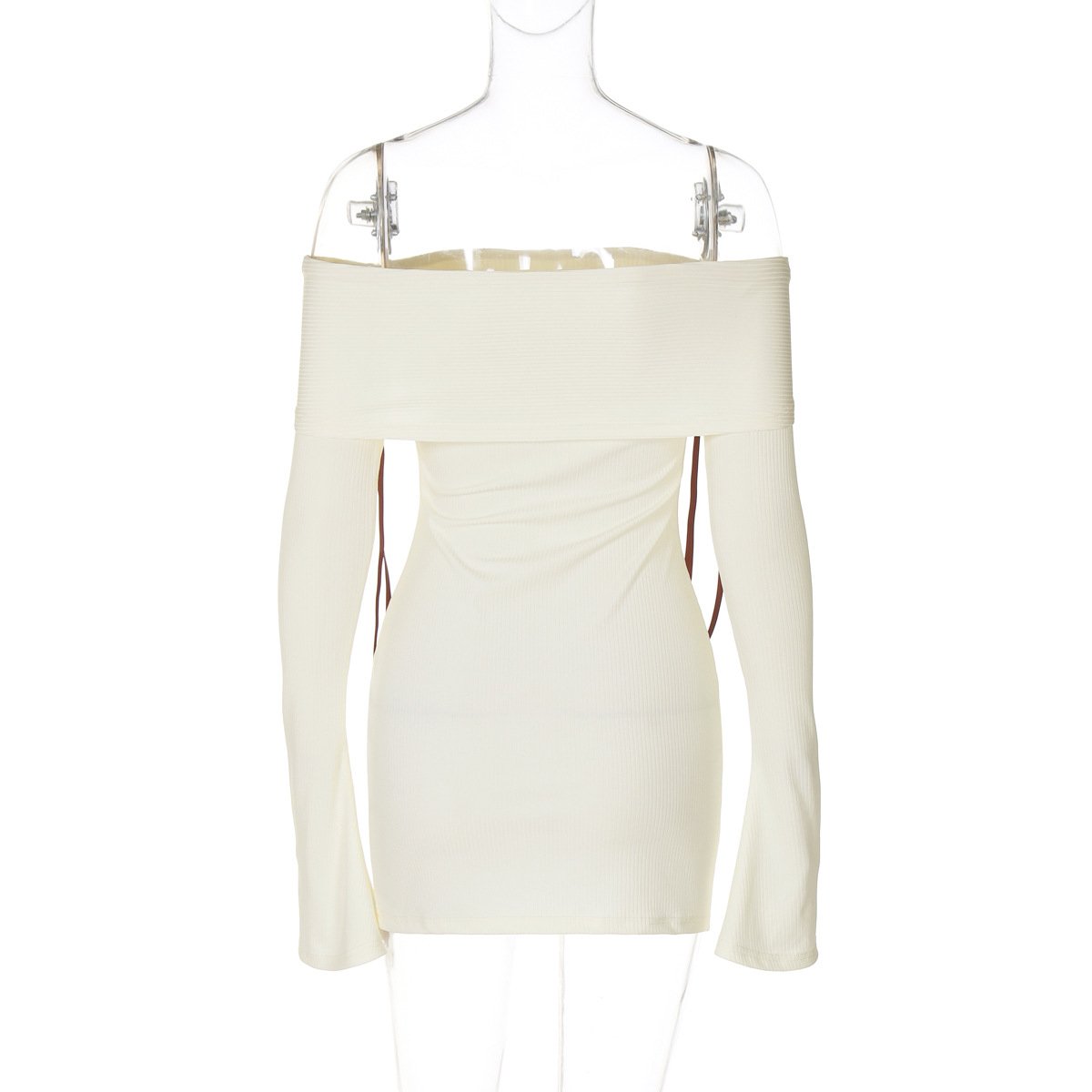 Off shoulder long flared sleeve bowknot ribbed mini dress