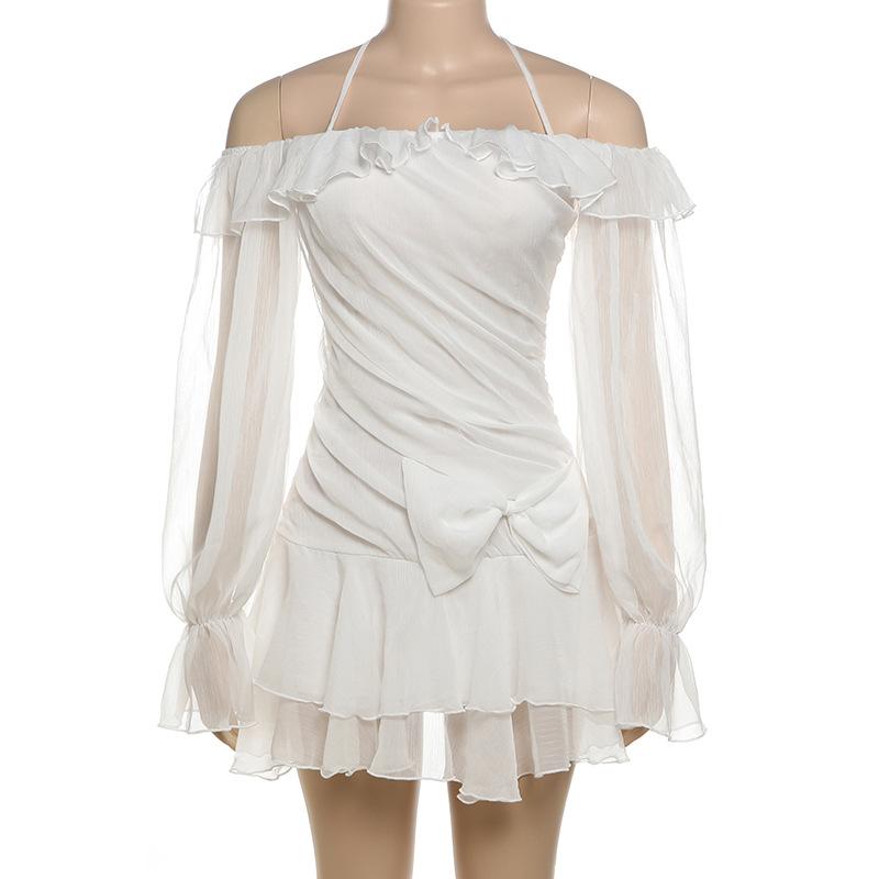 Halter off shoulder chiffon bowknot ruffle mini dress